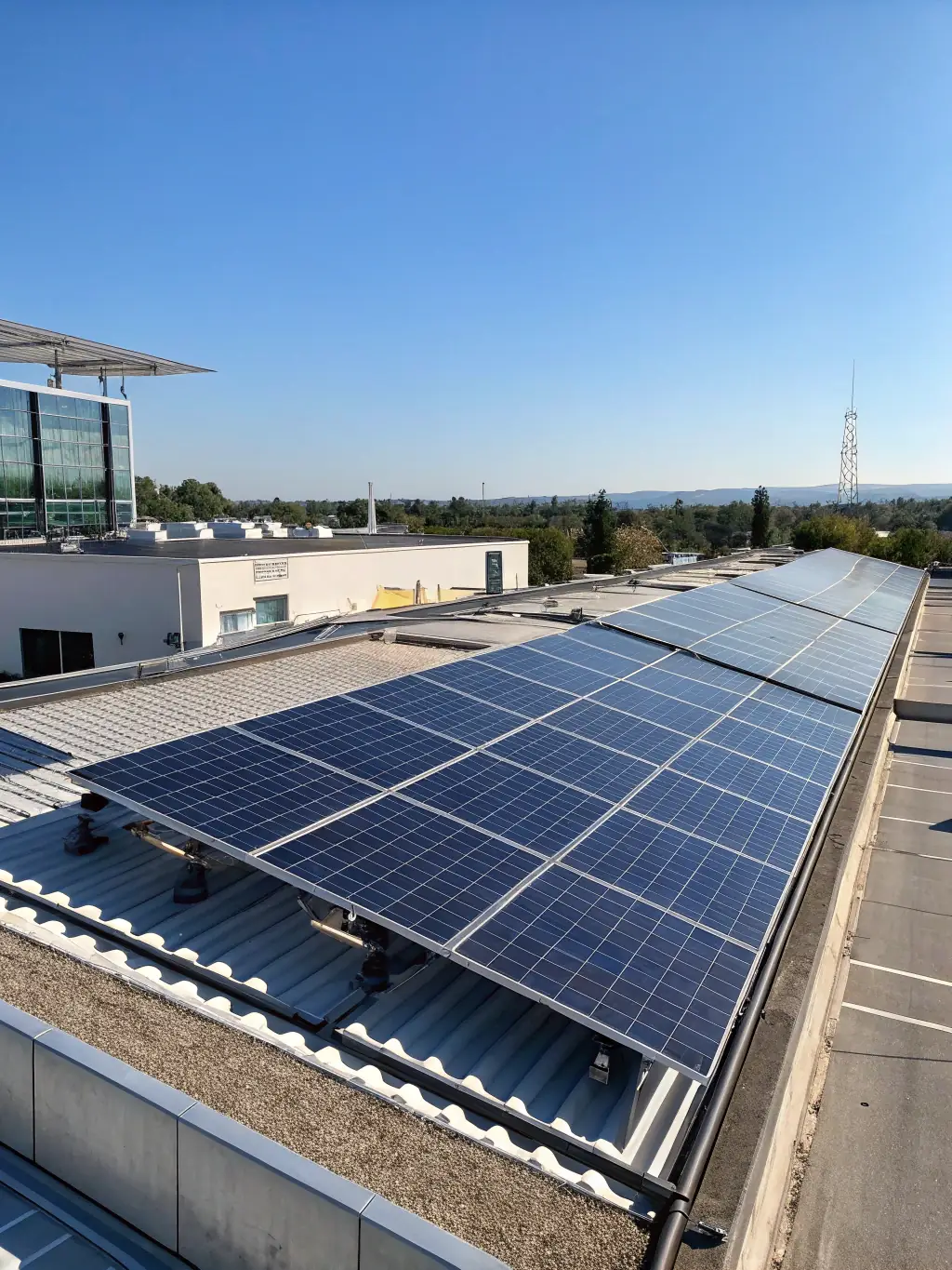 A modern office building with solar panels installed on its roof, showcasing the potential for businesses to generate their own clean energy and reduce electricity costs.
