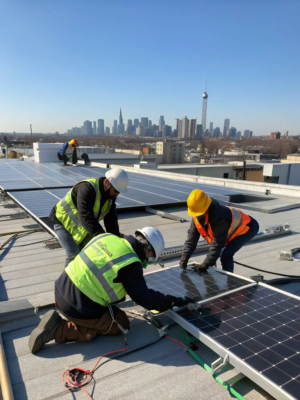 A diverse team of Voltron engineers installing solar panels on a commercial building, emphasizing the expertise and reliability of the company's services.