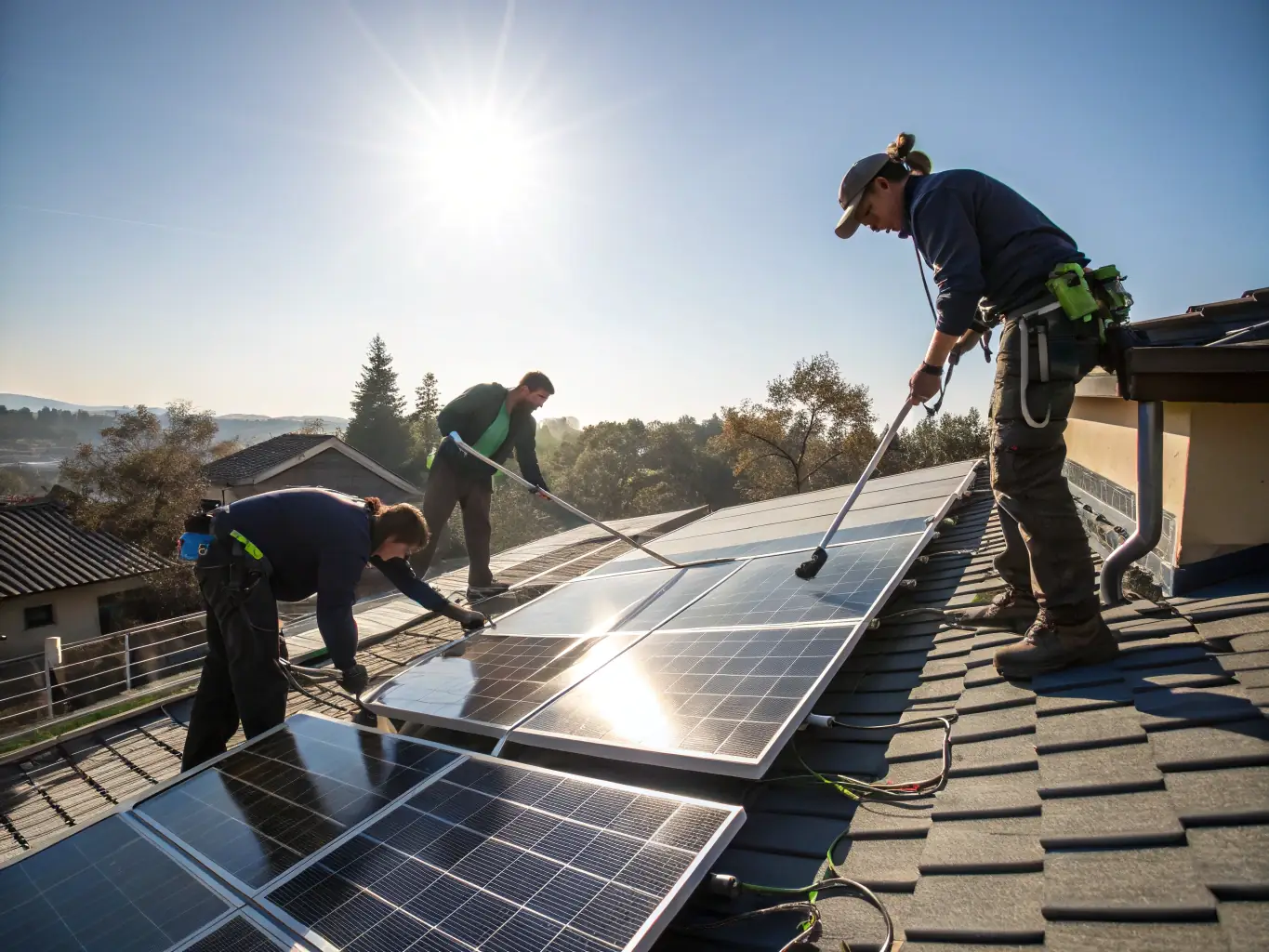 A wide shot of a solar panel cleaning crew using specialized equipment to remove dirt and debris from a large-scale solar farm, highlighting the impact of cleaning on energy production.