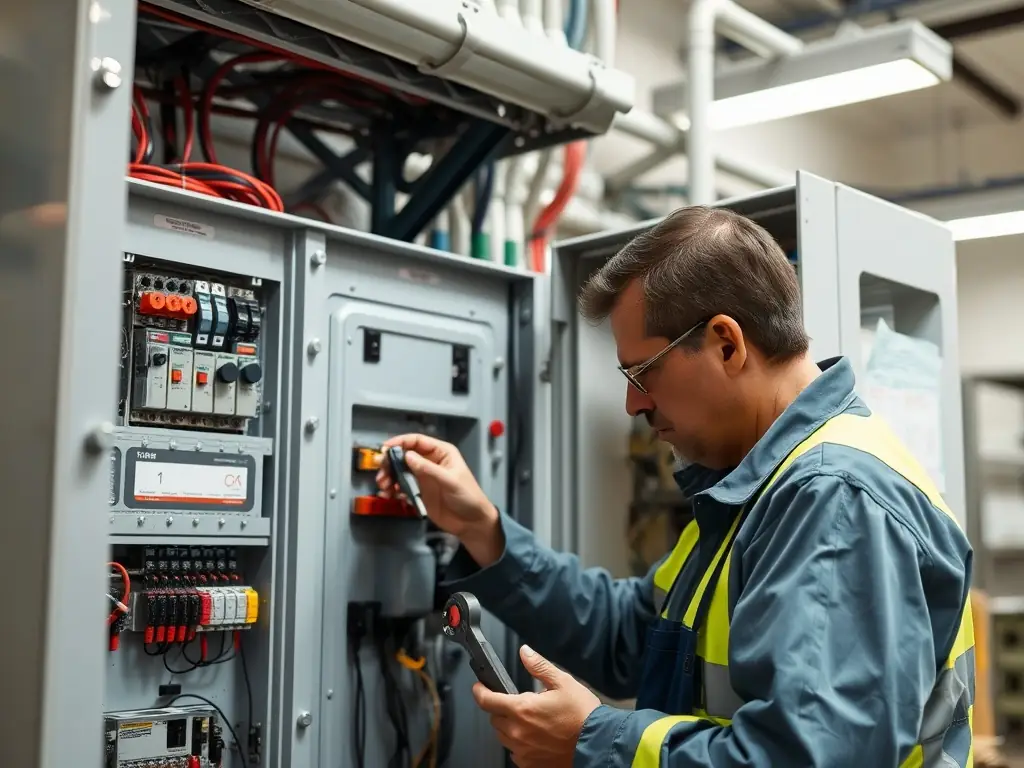 An engineer working on a complex electrical control panel, using a multimeter to test circuits, with a background of various electrical components and wiring.