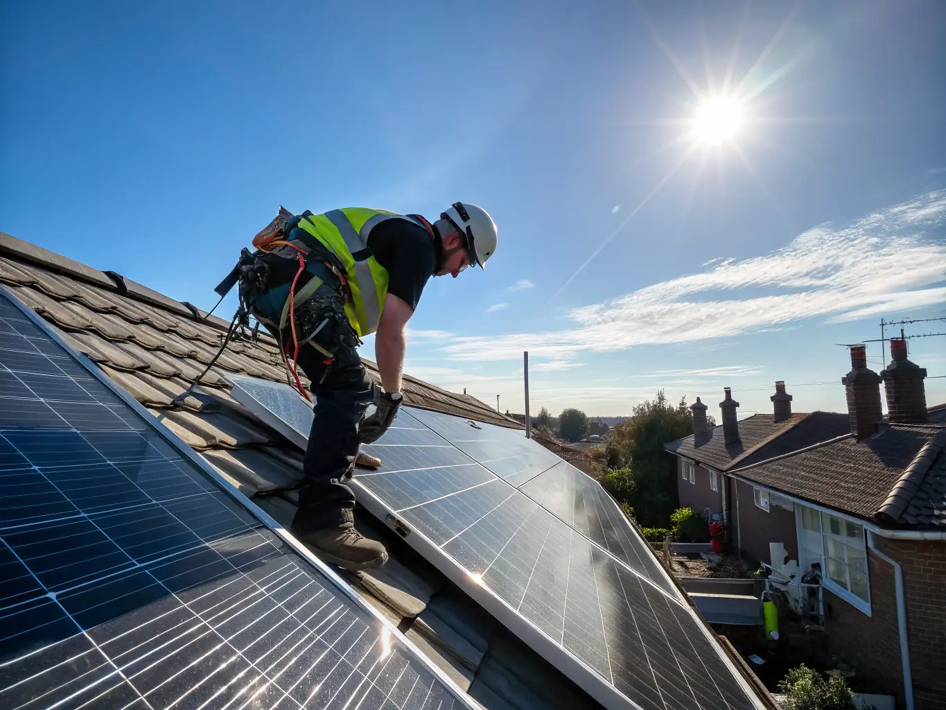 A close-up shot of a technician inspecting solar panels on a commercial rooftop, using a thermal camera to identify potential hotspots and inefficiencies.