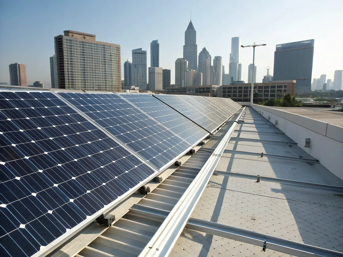 A high-angle shot of a modern solar panel array installed on a commercial rooftop, gleaming under the bright sun, with a focus on the clean energy production and efficiency.