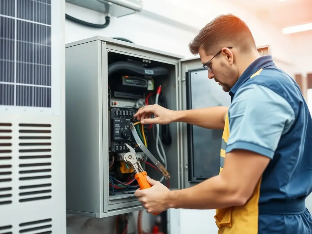 An image depicting a technician replacing a faulty inverter in a residential solar system, emphasizing the importance of timely repairs to maintain system functionality.
