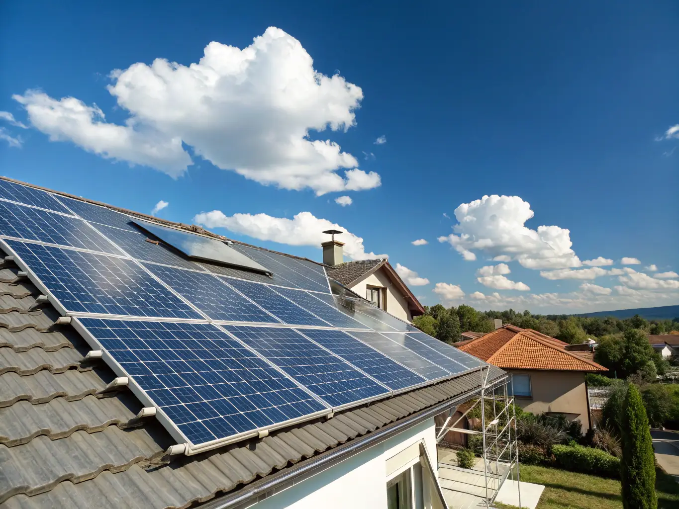 A wide shot of a completed solar panel maintenance service on a large industrial rooftop, showcasing clean and well-maintained solar panels.